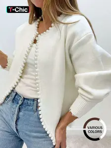 Women's Solid Faux Pearl Decor Drop Shoulder Knitting Cardigan, Casual Long Sleeve Open Front Knitwear for Fall & Winter, Fashion Women's Knit Clothing for Daily Wear
