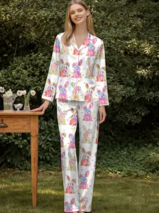 Women’s Happy Easter Coquette Girly Bunny Long Sleeve Satin Pajama Set, Gift For Girlfriend, Happy Mother's Day