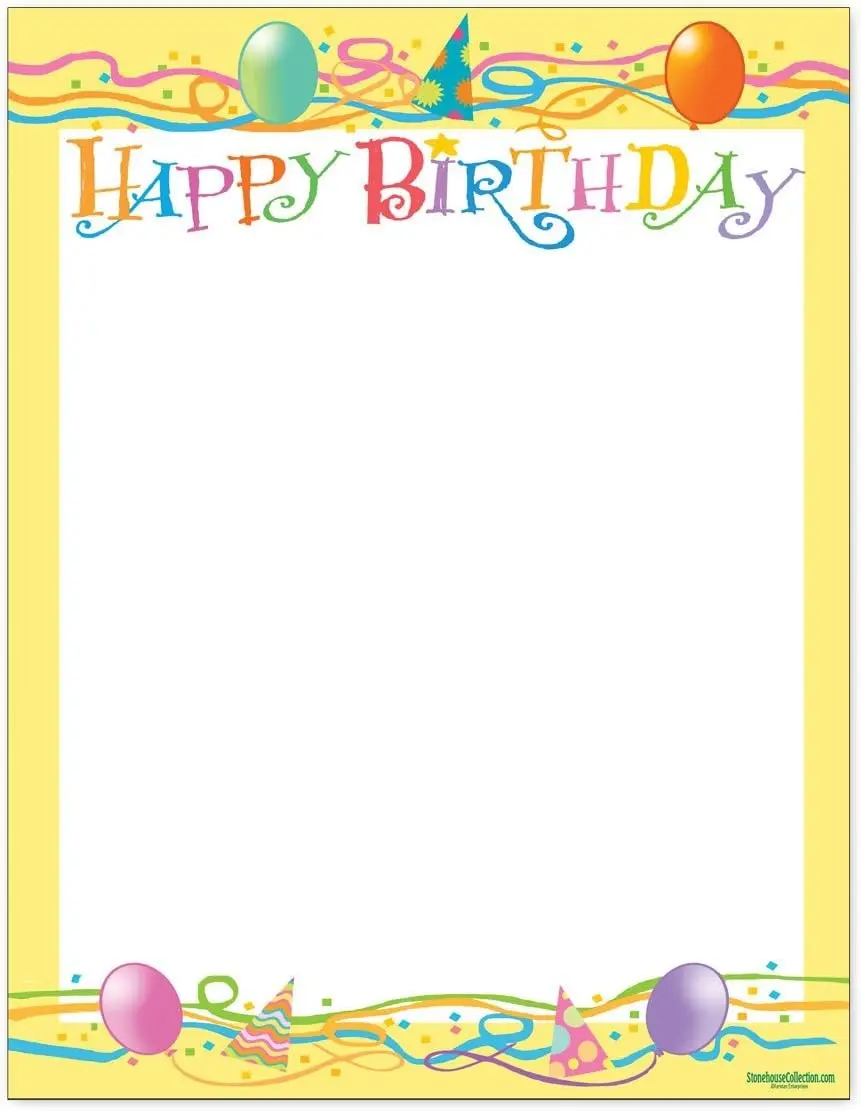 Birthday Stationery - 8.5 x 11-60 Letterhead Sheets - Happy Birthday Printer Paper