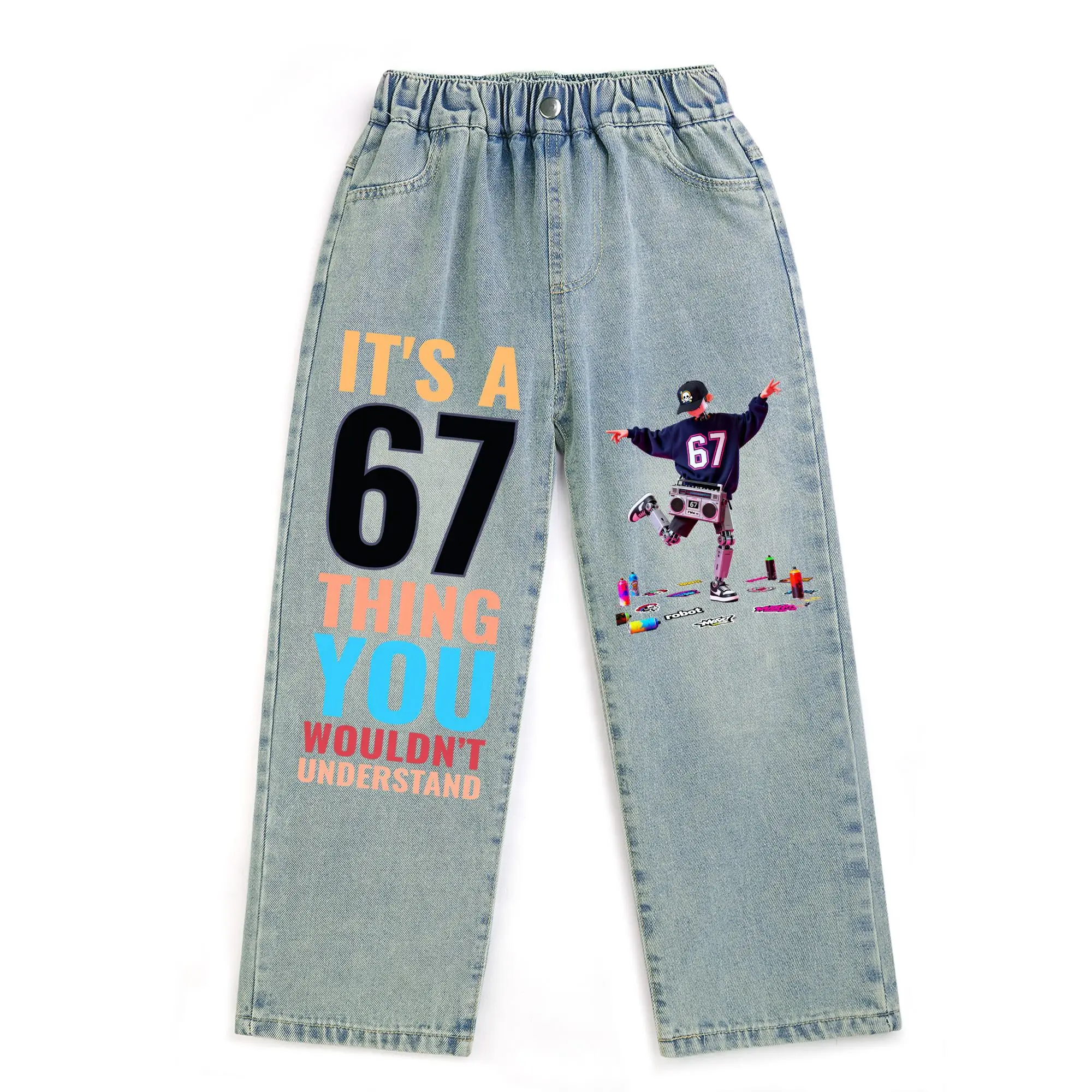 Kid's Jeans for Boys and Girls 6 7 SIX SEVEN Football Print Fashion Casual Comfy Denim Jeans for children between 7 and 13 years old. AB-98