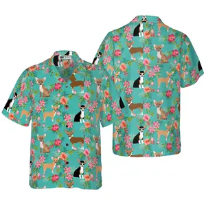 Hibiscus Floral Chihuahua Shirt For Men Hawaiian Shirt, Short Sleeve Casual Button Down Shirts Summer Beach Shirt, Tropical Floral Shirt