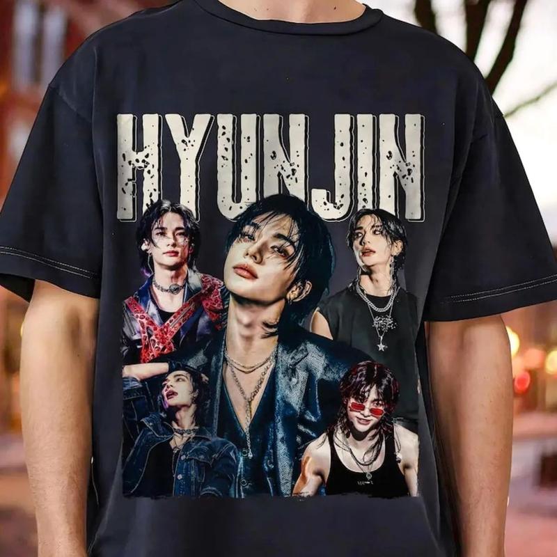 Stray Hyunjin Graphic T-Shirt - 100% Cotton Black Kpop Concert Tee with Bold HYUN JIN Print & Member Portraits - Unisex Adult Short Sleeve Round Neck Shirt for Casual Wear, Fan Merchandise Retro Style V