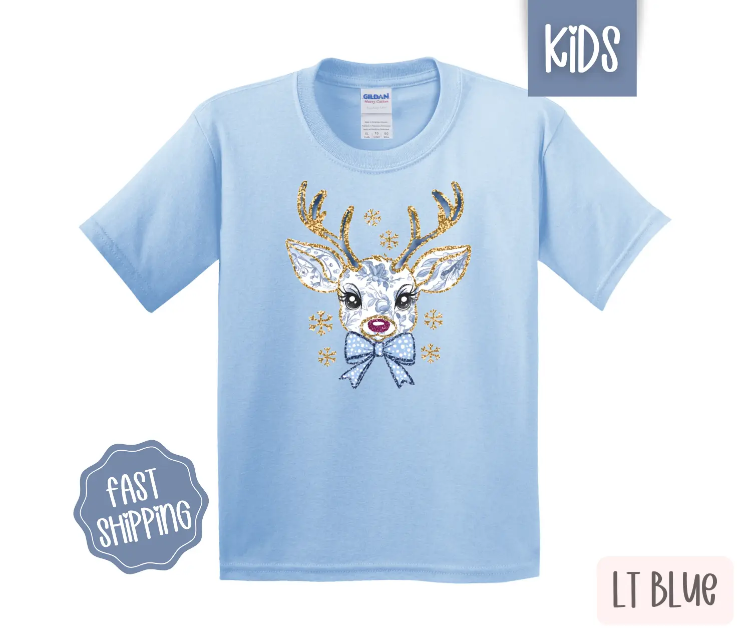 Kids Christmas Shirt - Blue Floral Reindeer Children's Tshirt - Youth Holiday Tee Gildan
