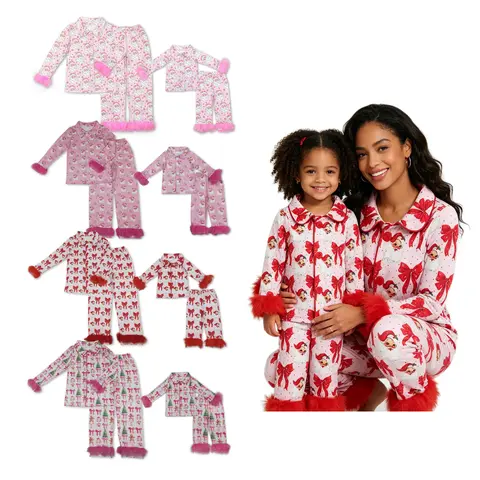 Family Matching Christmas Long Sleeve Silk Pajama Sets - Mom & Kid Cute Santa Print, Fluffy Fuzzy Cuff, Cute Bow Trim Sleepwear