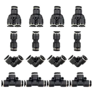 1/4 Inch od Quick Connect Pneumatic Fittings Air Line Push to Connect Fittings Plastic Air Tube Compression Fittings Kit Quick Release Connectors, Spliters Elbows Tee Straight, 16 Pack