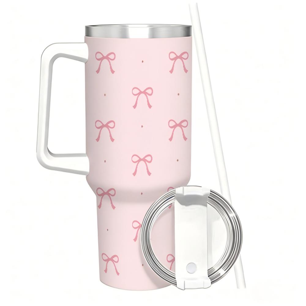 40oz Pink Bow Coquette Tumbler with Handle, Insulated Stainless Steel Travel Cup, Cute Reusable Coffee Mug with Straw & Lid, Gift for Women