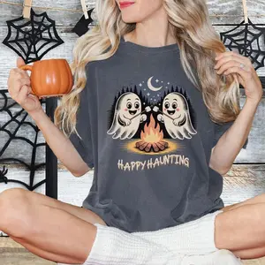 Comfort Colors Happy Haunting Ghost T-shirt, Cute Halloween Camping Shirt, Fire and Marshmallow, Hallowen Graphic Tee Gift