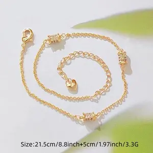 Dainty Gold Ankle Bracelets for Women, Micro Pave CZ Bar Bead Thin Adjustable Anklet with Heart Extension Charm, Summer Beach Foot Jewelry Gift for Her