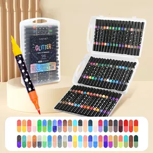 96 Color Professional Glitter Dual Tip Markers Set, Brush Marker Pen, Water-Based Ink, Metallic Glitter Pens, Ideal for Graffiti, Art Crafts, Bullet Journals