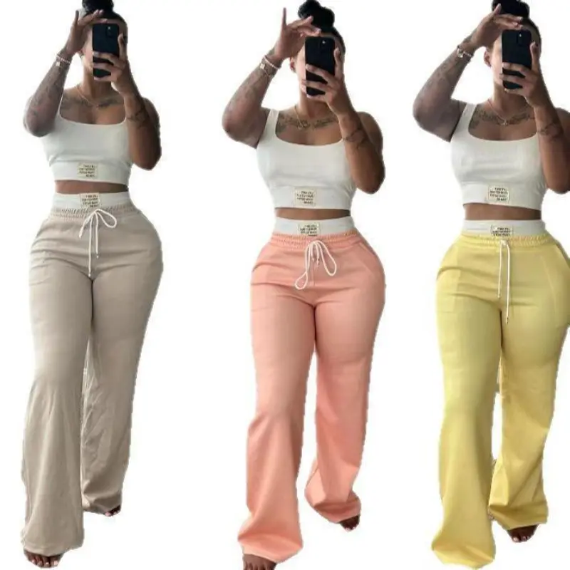 (New)New Drop! European - American Style Cross - border  Color - Blocked Double - Waistband Layered Loose Street - style Athletic Casual Trousers Two - Piece Set for Women