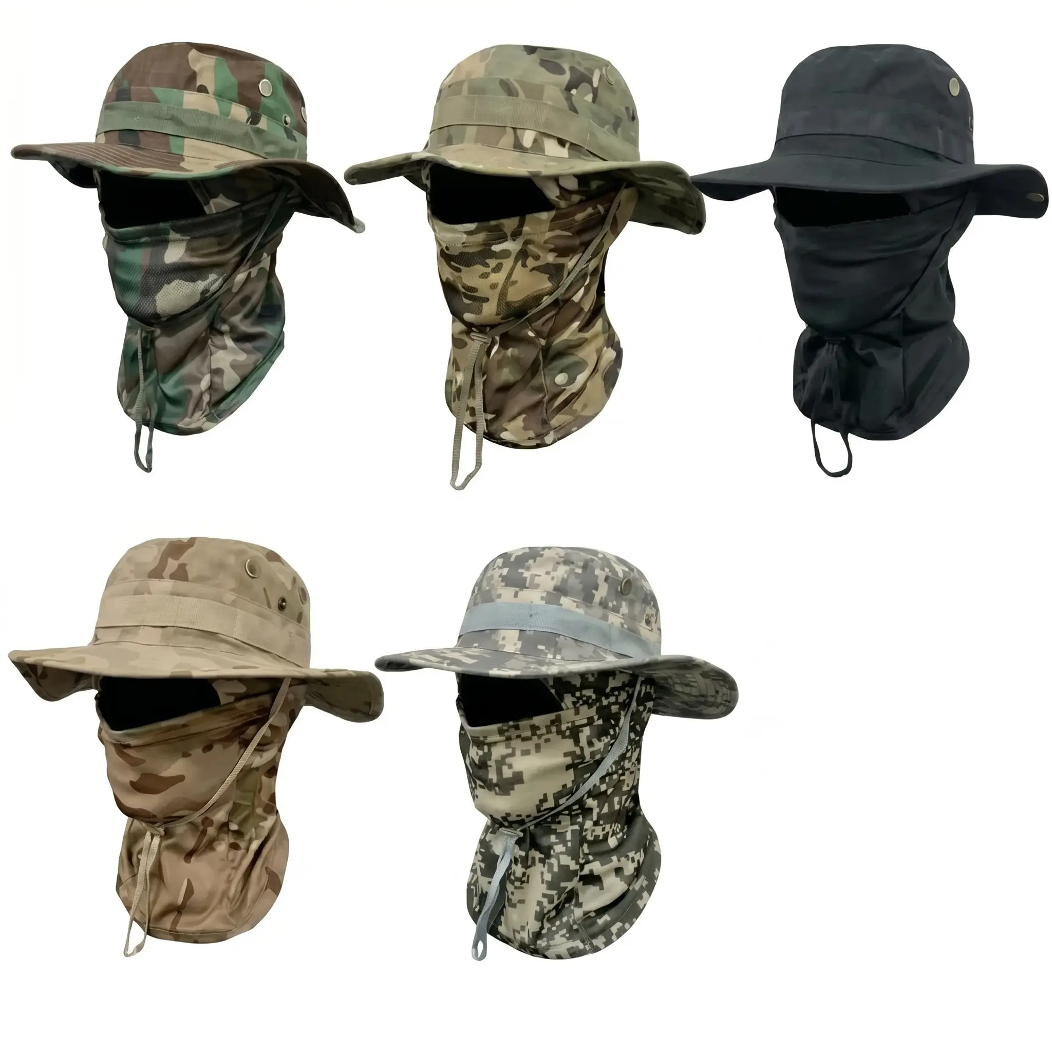 Camouflage Fisherman Hat with Mask, Outdoor Bucket Hat Set, Boonie Hat, Detachable Neck Flap & Face Cover for Sun Protection, Breathable Mesh Vents for Hiking, Camping, Fishing, and Tactical Outdoor Activities