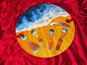 CUSTOM RESIN ART BEACH TABLE WITH INTEGRATED CHEESE KNIVES, WINE OPENER AND A SET OF UNBREAKABLE WINE GLASSES