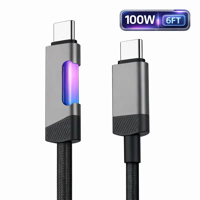 100W USB-C to USB-C Fast Charging Cable, 6FT Braided Nylon Cord with Smart LED for iPhone 17/16/15 Series, iPad, Samsung Galaxy & Pixel