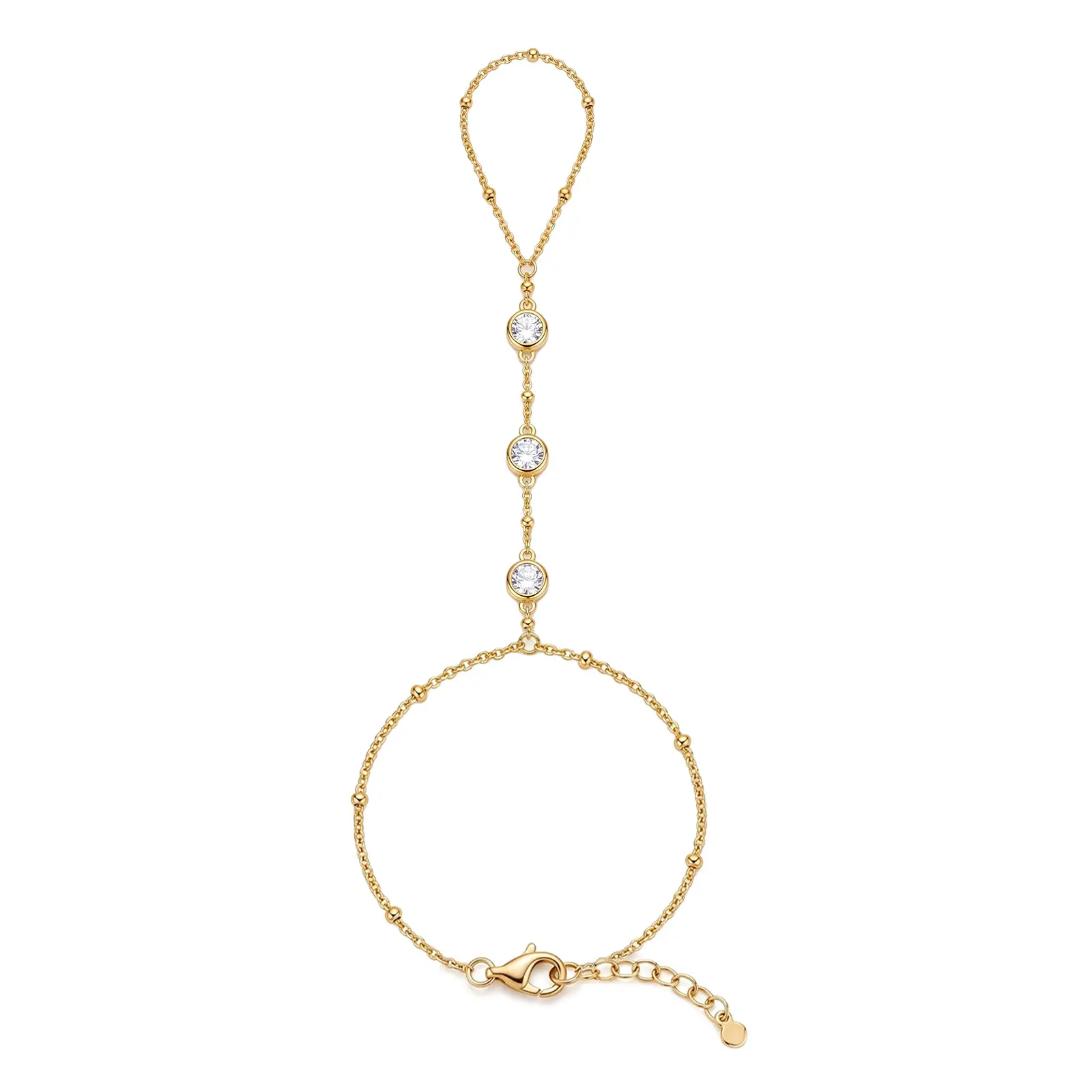 Women's Adjustable Gold Beaded Hand Chain Bracelet Set - 3 Zircons, Finger Ring Combo, Geometric Lines Metal Coating, Bohemian Versatile & Minimalist Aesthetic Jewelry, Daily Wear Accessory
