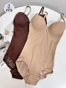 Women's Lace Detail Compression Ruched Body Shaper Set, Breathable Thin Underwear, Casual Regular Fit, All Seasons, 2pcs Slimming Bodysuit, Body Shaping Underwear