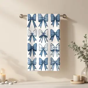 1Pc Cartoon style blue bows in various designs Bathroom Hand Towel Bath Towel, Multiple Size Microfiber Towel, Ultra-Soft Quick Dry and Absorbent Polyester Large Bath Towel, Unique Home Decorative Kitchen Towels, F