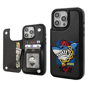 Shark Pattern Whale Spring Themed Fashion Luxury Creativity Trend Card Holder Wallet Aesthetic Black Casing For iphone 16 15 14 13 12 PRO PLUS MAX PU Leather Stylish Gift Shockproof Protection Anti-Drop Protective Protector Phone Cases Shell Cover