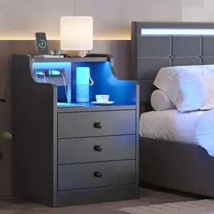 Sikaic Modern Minimal LED Nightstand Bedside with Hutch Drawers Charging Station Bedroom Furniture