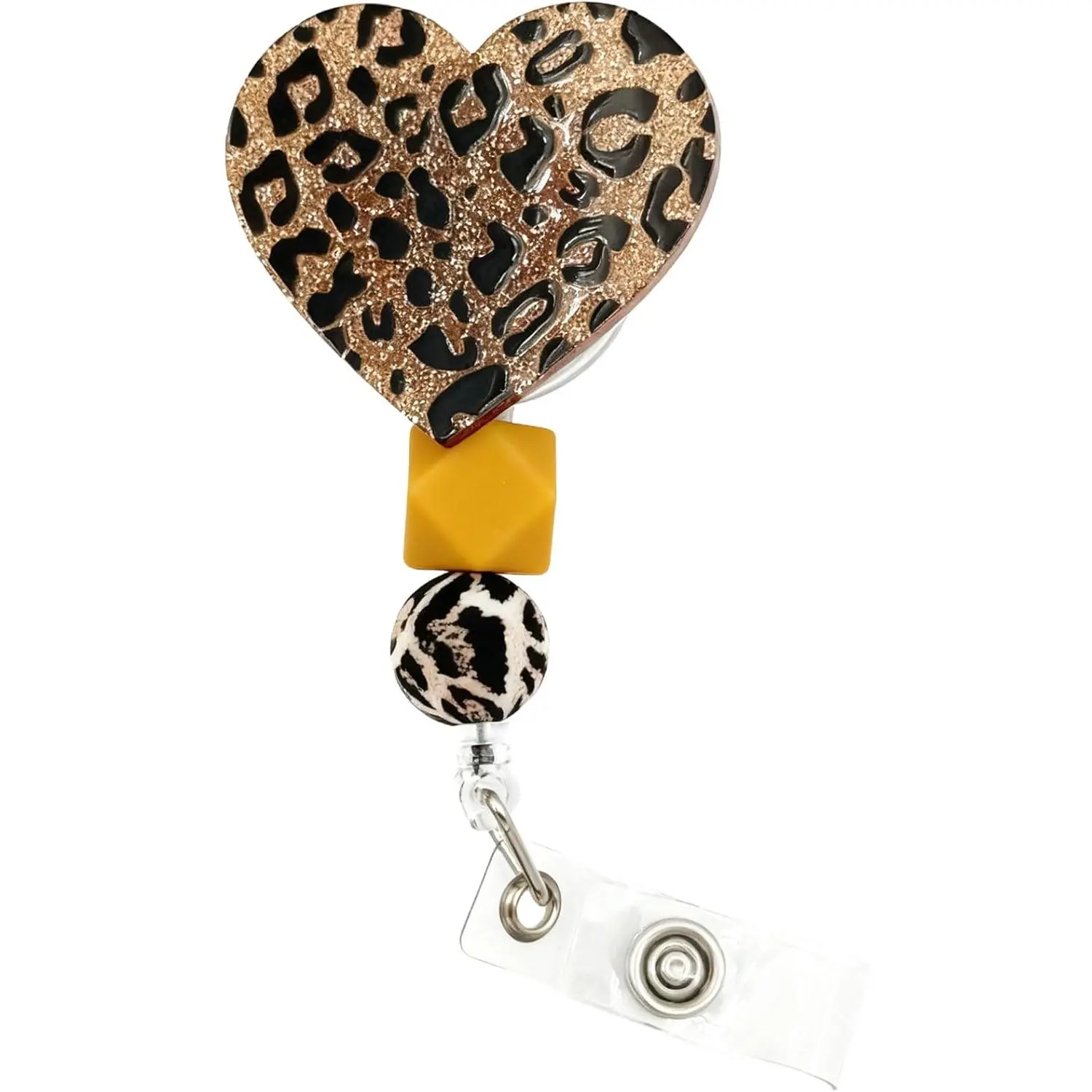 Leopard Heart Badge Reel - Retractable ID Holder with Glitter Beads, Stylish  Print Clip Lanyard for , Teachers & Office Staff
