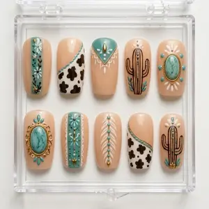 Turquoise Cactus Press On Nails 3D Boho Western Cow Print Cactus Charm Y2K