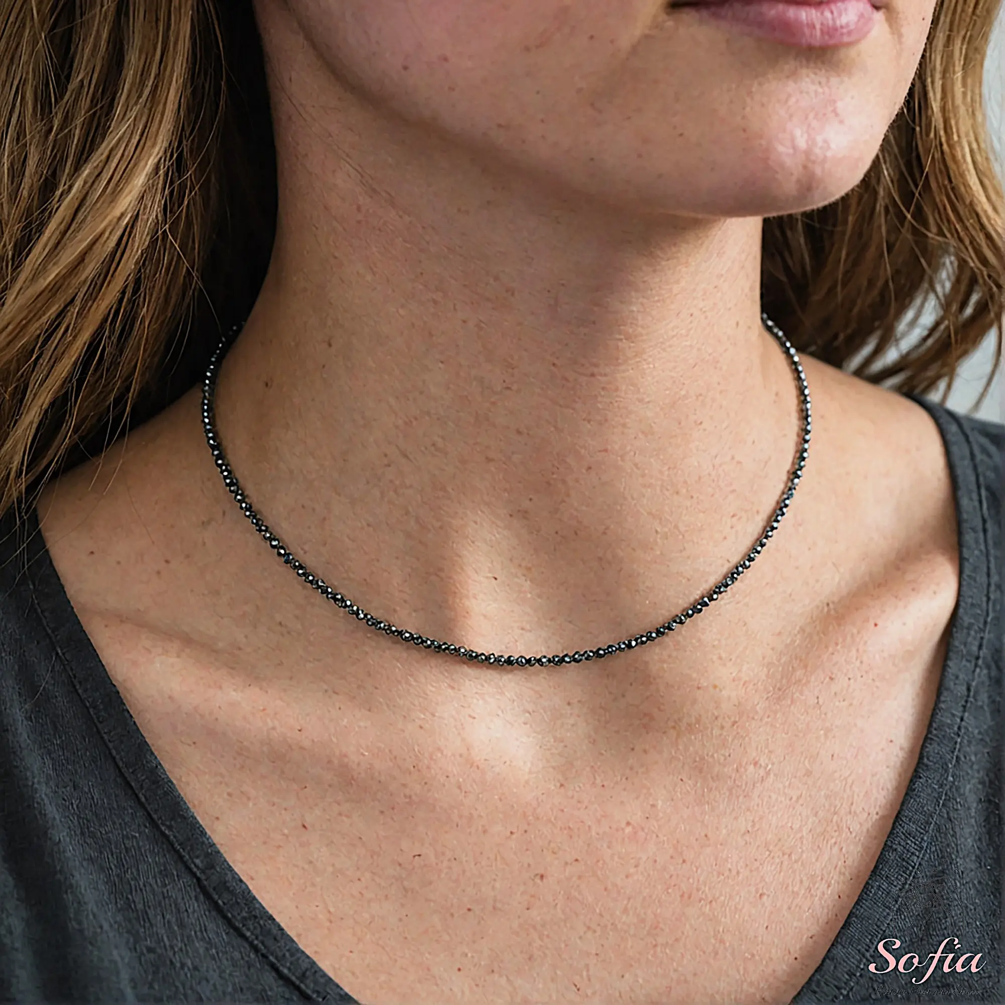 Women's Handmade Adjustable Length Hematite Beads Choker Necklace - Tiny Faceted Gemstone, Waterproof Crystal, Minimalist Style Gift for Her, Adjustable Length Necklace
