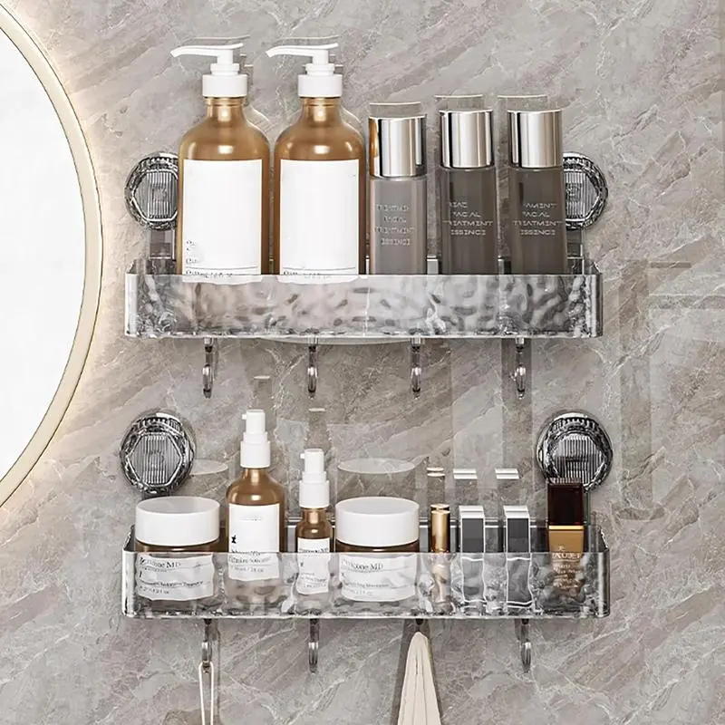Durable Light Luxury Innovative Hollow Glacier Pattern Suction Cup Shelves with Hooks - Punch-Free Bathroom Organizer, No-Drill Corner Wall Caddy for Bathroom & Kitchen (Clear, 2pcs Rectangle)