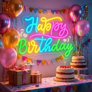 Multicolor Happy Birthday Neon Sign, USB Powered Dimmable LED Neon Light, Birthday Party Backdrop Wall Decor, Perfect Birthday Gift for Kids Teens Adults Home Bedroom Party Decoration, USB Adjustable Brightness, Suitable for Birthday Gifts,  Decoration