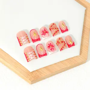 100% Handmade Y2K Sweet Cool Press On Nails, 10pcs Short Square Acrylic Fake Nails, Red Corset Design with Gold Star & 3D Flower, Reusable & No Damage, Includes Nail Kit, Perfect for Daily & Party Wear, Great Gift for Women, Acrylic False Nails