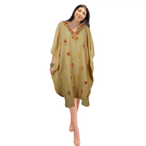 Women's Beige Muumuu Caftan Short Dress Cotton Embroidered Kimono Dresses L-2X