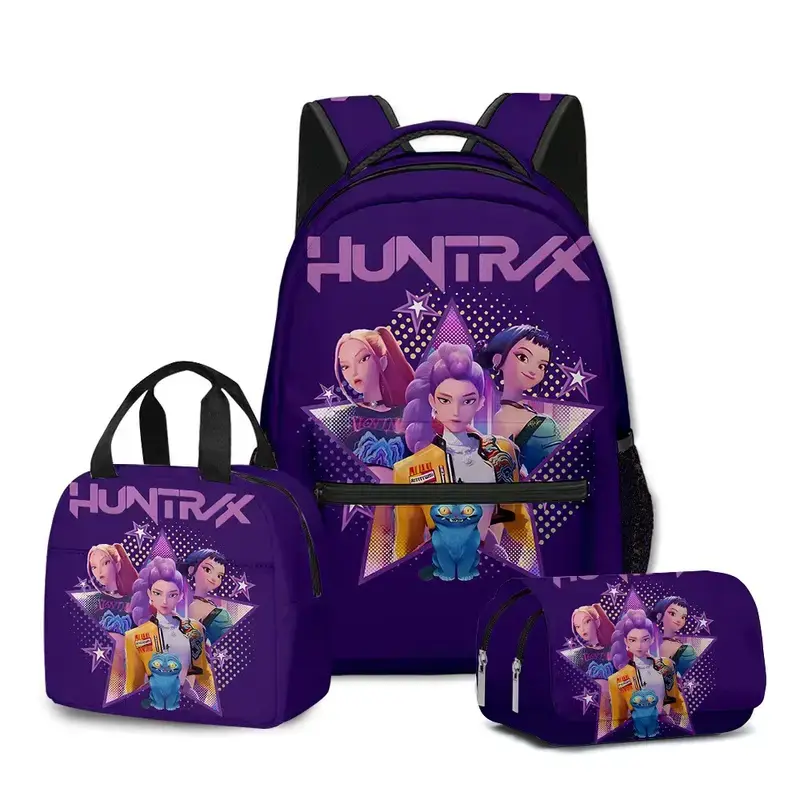 Huntrix Kpop Demon Hunters Backpack Set 3 in 1, Cartoon Anime Girls Print School Bag with Insulated Lunch Box & Pencil Case, Lightweight Large Capacity Bookbag for Kids Teens Student