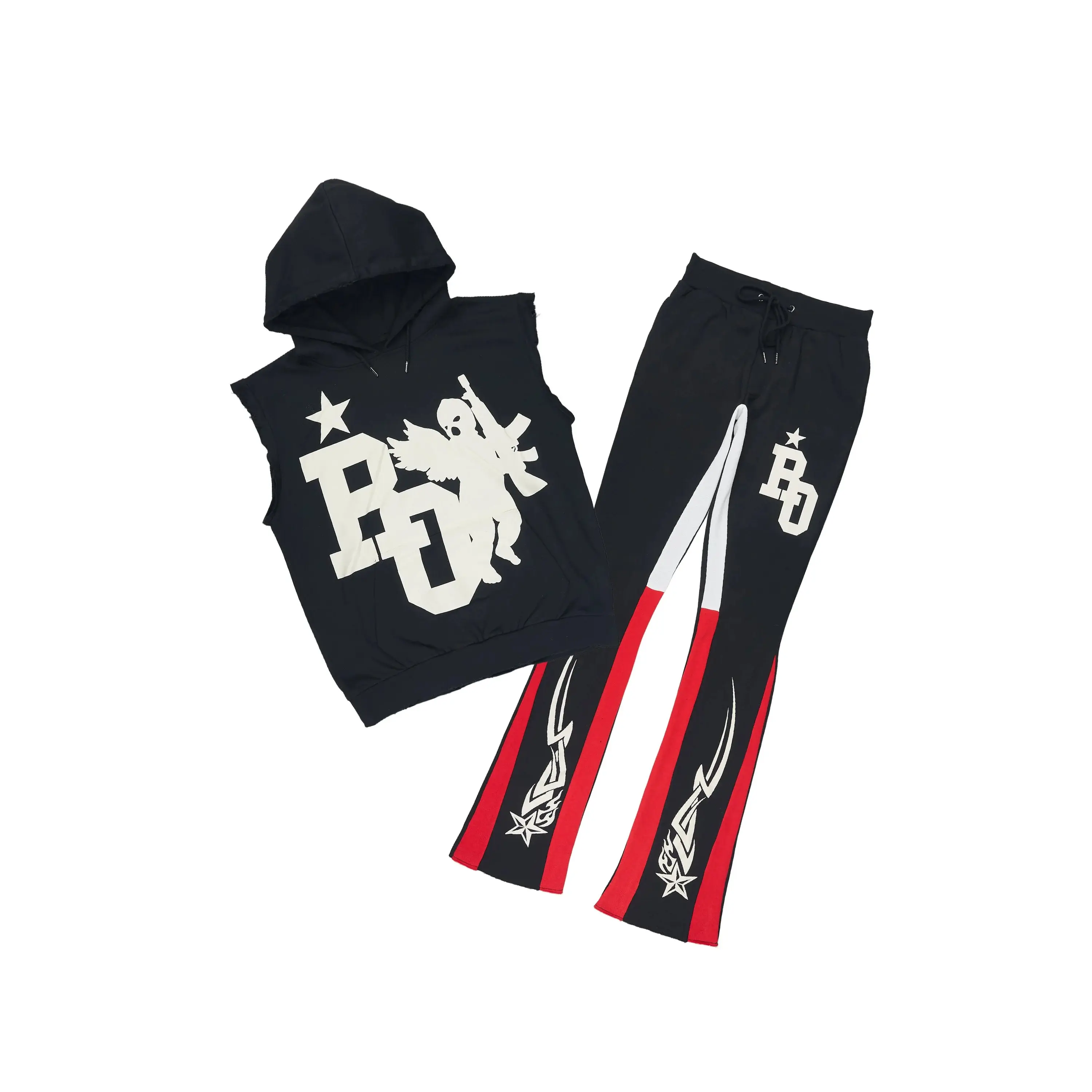 Pluton Black/Red Cut Sleeve Hoodie/Stacked Flare Track Set