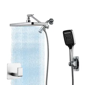 12.2-inch rain shower head, three-mode hand shower head, and pressure shower kit with 11-inch adjustable extension arm. No-drill hooks. Dual Shower Head Adjustable Handheld Function Rainfall System