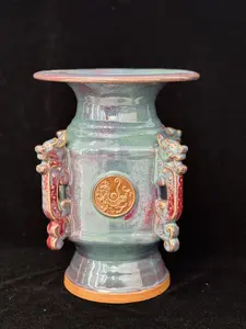 Handmade Chinese Jun Porcelain Vase with Mythical Beast Relief, Vintage Kiln-Fired Glaze Ceramic Vase, Unique Asian Art Home Decor