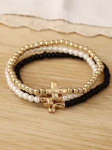3-Piece Beaded Bracelet Set for Men & Women - Gold, White & Black Cross Pendant Bracelet - Vintage Minimalist Stretch Bracelets - Religious & Trendy Jewelry for Stacking, Layering & Gifting - Elastic Bracelet Pack- Couple's Matching Friendship Bracelet