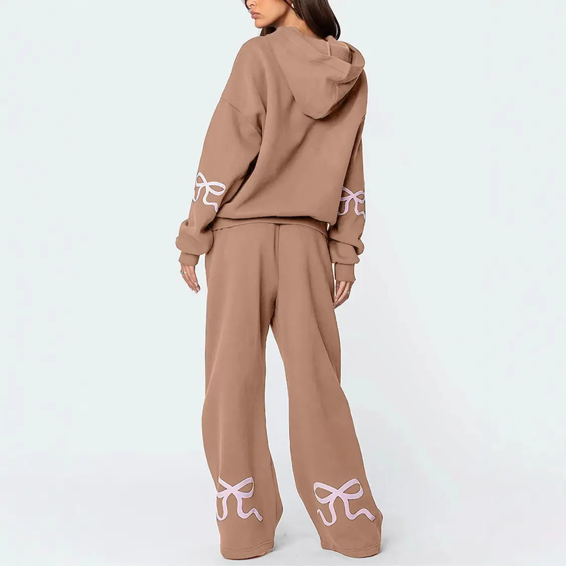 Women Drop Shoulder Oversized Hoodie Bow Pattern On Sleeves Soft Fleece Pullover