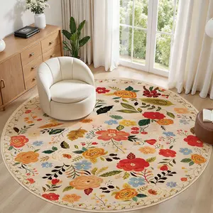 4Ft Vintage Floral Pattern Round Floor Mat,Non-slip Soft Floor Carpet,Decorative Area Rug for Home LivingRoom Bedroom Hotel Office ﻿