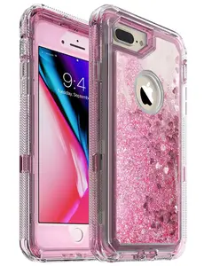 MXX Glitter 3D Case Compatible with iPhone 8 Plus, Bling Sparkle Flowing Liquid Transparent 3 in 1 Shockproof TPU Silicone Core/PC Frame Case for iPhone 7 Plus/ 8 Plus/ 6S Plus - (Clear/Pink) Cellphone Protective Casing, Smartphone Phonecase Accessories