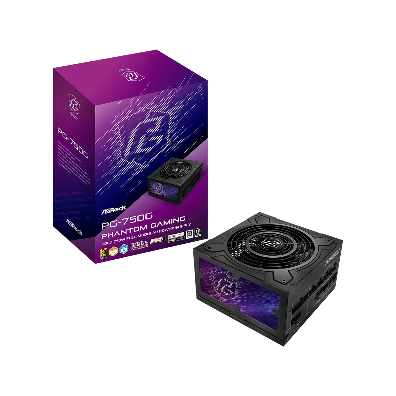 ASRock Phantom Gaming PG-750G 750W 80 PLUS GOLD & Cybenetics PLATINUM Full Modular Power Supply, ATX3.1 & PCIe5.1 Ready with Dual Color 12V-2x6 Cable, 10 Years Warranty