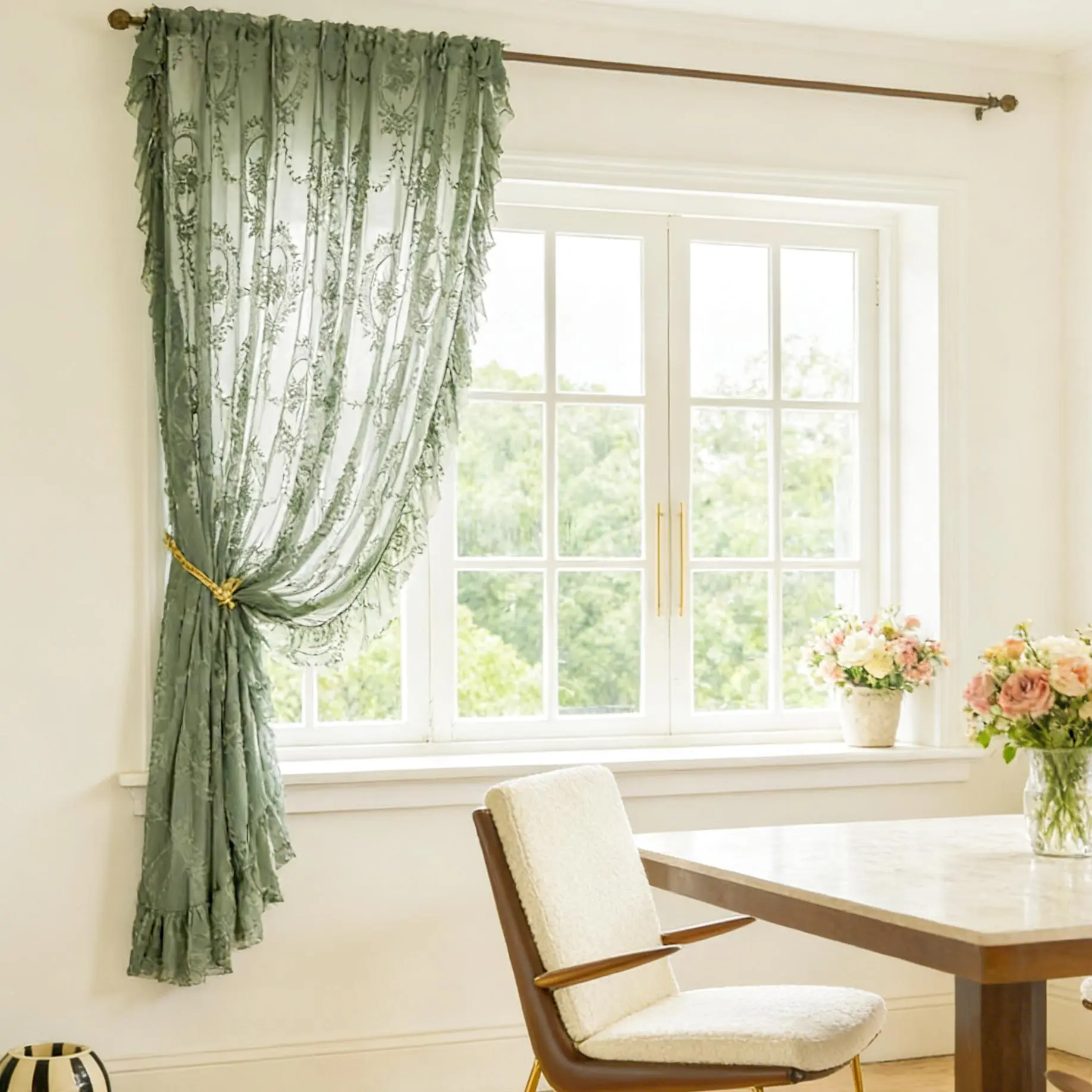 1 PC Green Lace Curtains Boho Curtain Rod Pocket Rustic Ruffled Sheer Voile Shabby Chic Vintage Window Treatment for Bedroom Living Nursery Room Cottage Bohemian Chic Privacy Home Decor
