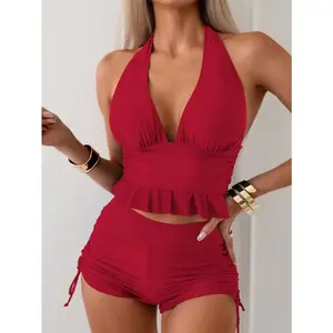 Women's Two-Piece Bikini V Neck Swimsuit with Ruffle Hem Design, High-Waisted Bottoms, Comfortable Beachwear, Perfect for Summer, Ruched Bikini Bottoms, Bikini Sets, Ruffle Bathing Suit, High Rise Swimwear