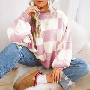 Pink Checkered Bishop Sleeve Sweater