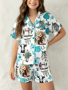 Western Cowgirl Pajama Set, Cowgirl Aesthetic Pajama Satin Set Turquoise Horses, Boots & Cactus Satin Pajamas