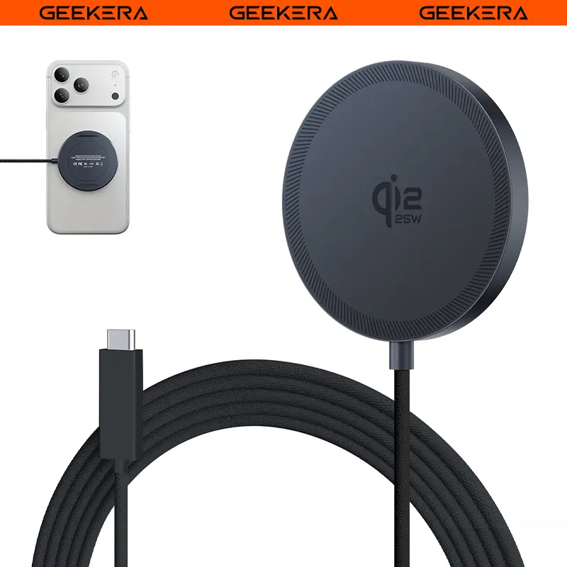 GEEKERA 25W Magnetic Wireless Charger - Qi2.2 Cert, Adjustable Foldable Stand, 25W Speed, Protection, 1.2M Cable for iPhone 12-17 Series & AirPods