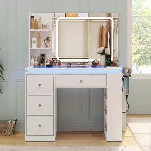 Makeup Vanity Desk Organize Cosmetics RGB Lighting Glass Top Storage Drawers Adjustable Brightness Bedroom Furniture Power Outlet Stylish Design White Vanities