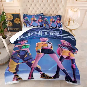 2/3pcs Huntrx Cyber Fashion Character Comforter Set - Futuristic Dark Blue Background, Skin-Friendly, Soft Bedding, For Bedroom, Office, Camping, Ideal For Trendy Fashion Enthusiasts