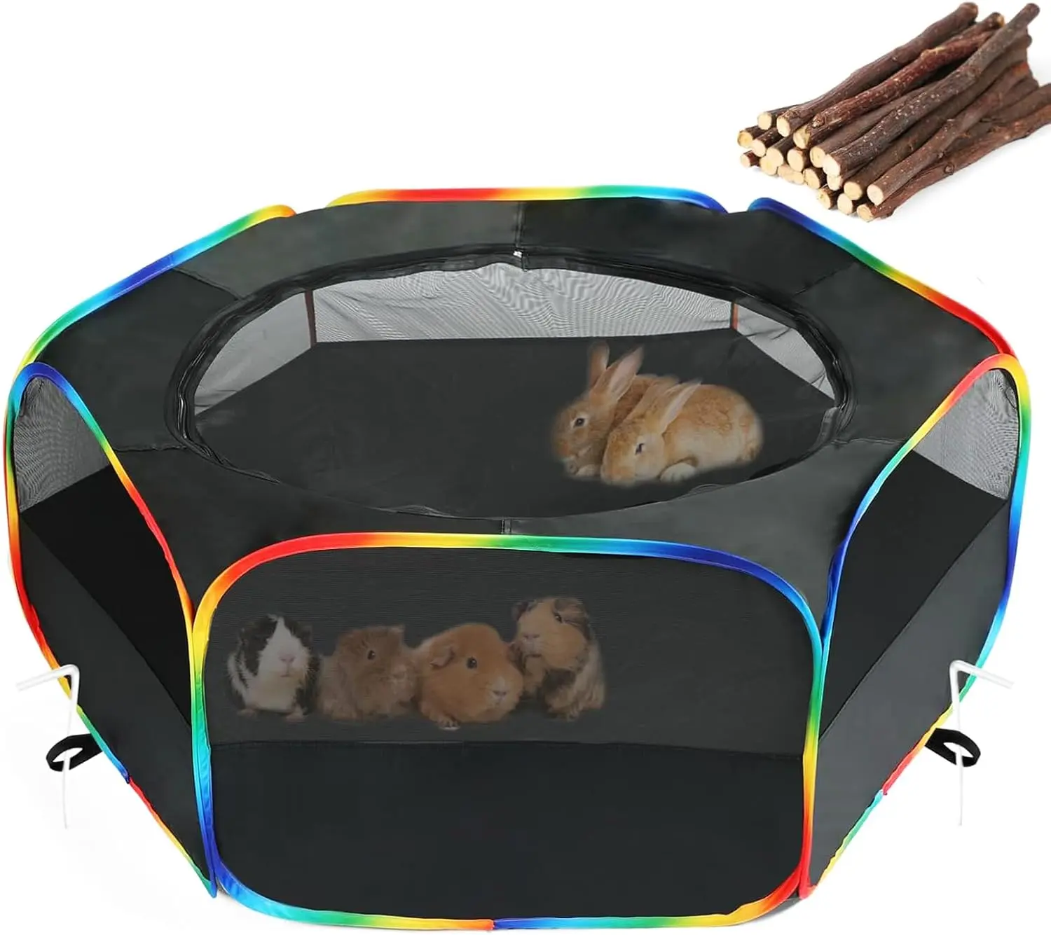 Small Animal Playpen, Chick Brooder Box, Guinea Pig Hamster Indoor Playpens & Outdoor Pet Cage Tent with Cover Top, for Kitten/Ferret/Hedgehog/Rabbit/Duckling, Black & Rainbow