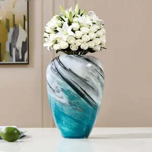 Hand-blown Marine Ink Painting Textured Colored Glass Table Vase Glazed Wide-mouth Decorative Vase Unique Design for Home Living Room Dining Table Pampas Grass Decor
