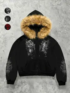 Men's Faux Fur Hooded Zipper Fitted Jacket, Dark Style Geometric Pattern Print, Street Fashion Streetwear Coat, Warm Trendy Aesthetic Design, Outdoor & Daily Wear, Menswear