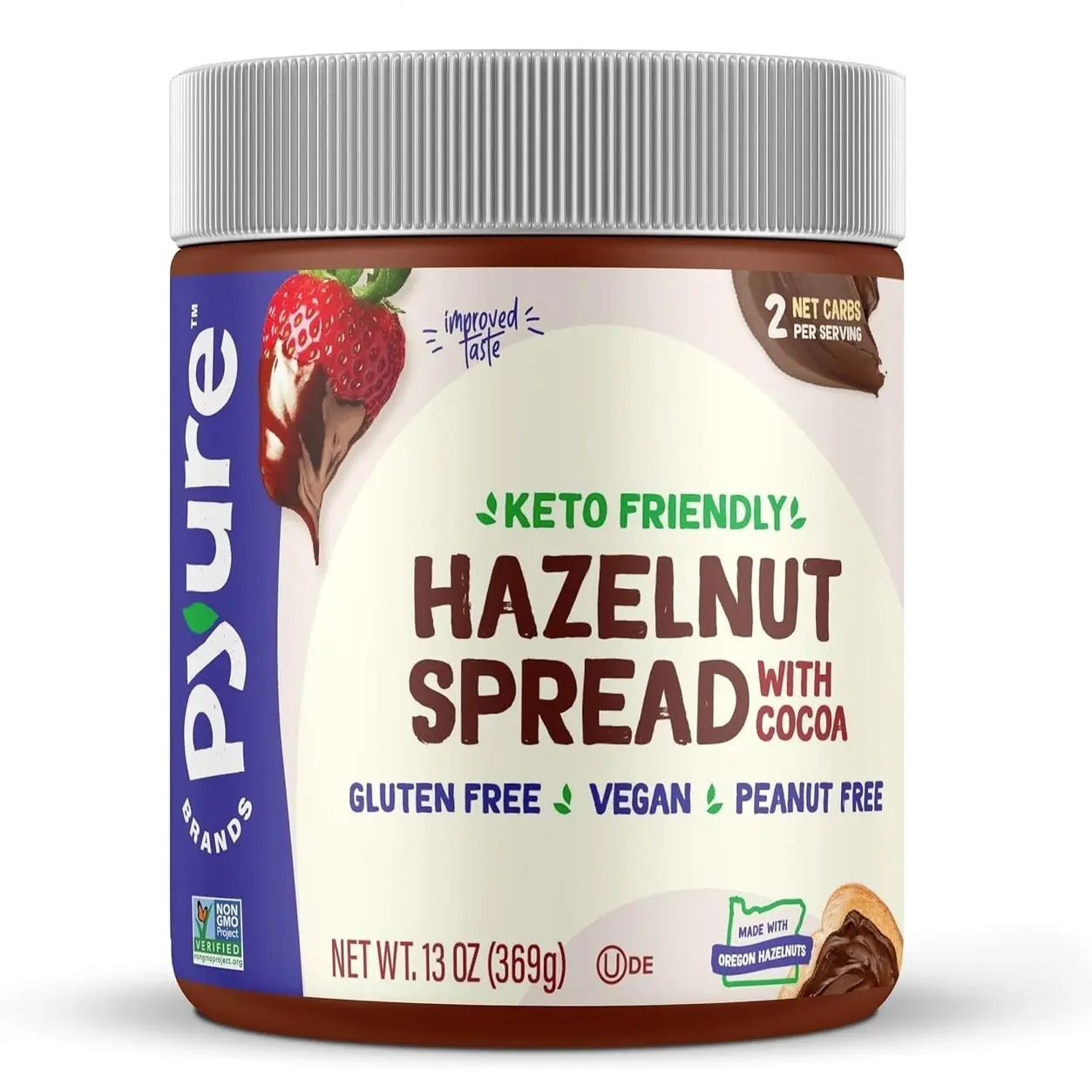 Pyure Keto Hazelnut Chocolate Spread | Sugar-Free, Low Carb, Vegan Nutella Alternative | 2g Net Carbs, Gluten-Free, Peanut-Free, Plant-Based, Non-GMO, Keto Snack, Vegan Sweets | 13 oz Jar