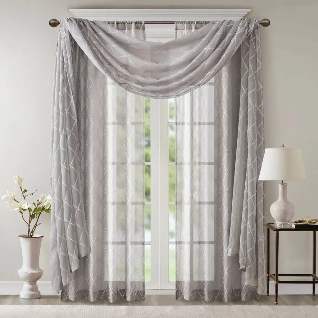 Sheer Voile Window Scarf with Diamond Embroidery, Light-Filtering Curtain Panel for Living Room, Bedroom, Kitchen, Doorway Décor, Elegant Lace Accent